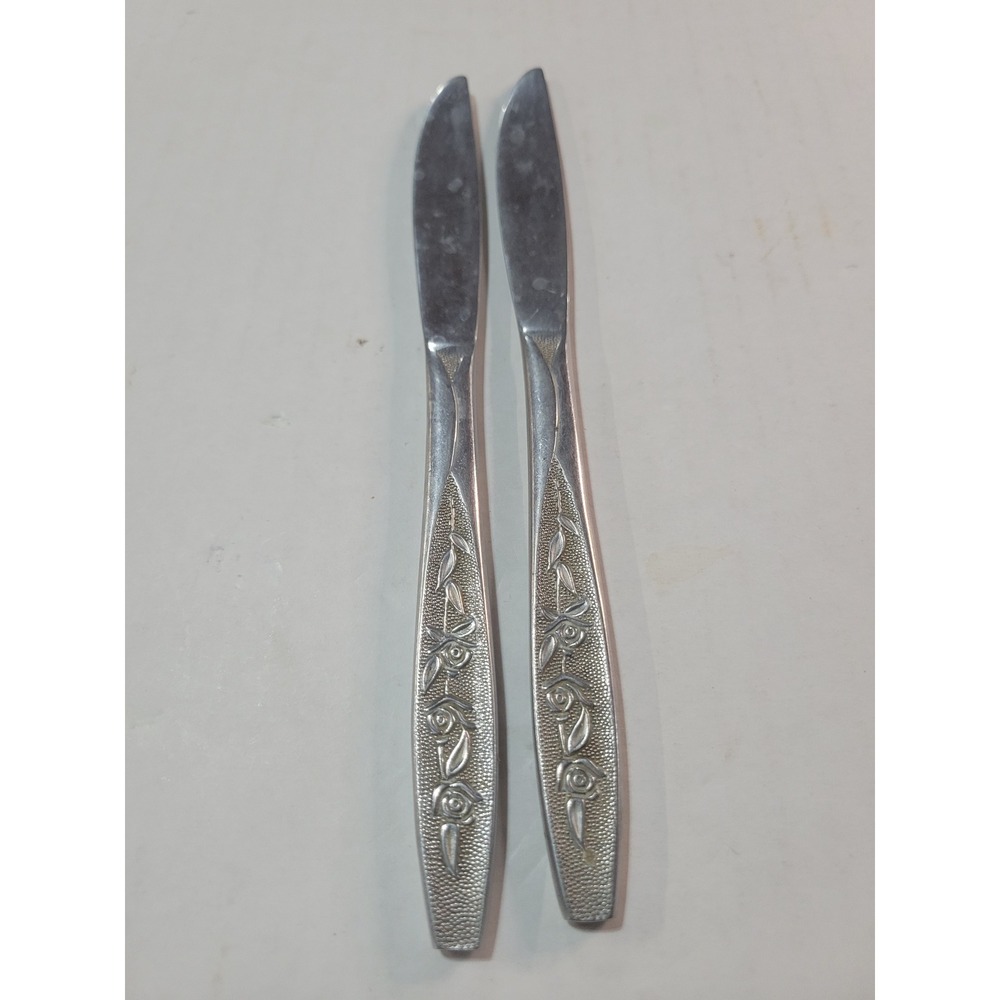 Vintage Geo S‎ Leiner Co Stainless Taiwan Rose Floral Dinner Knives Set of 2